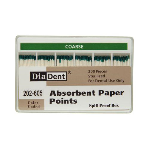 Diadent 202-605 Absorbent Paper Points Hand Rolled Spillproof Coarse Green 200/Pk Diadent 202-605 Absorbent Paper Points Hand Rolled Spillproof Coarse Green 200/Pk
